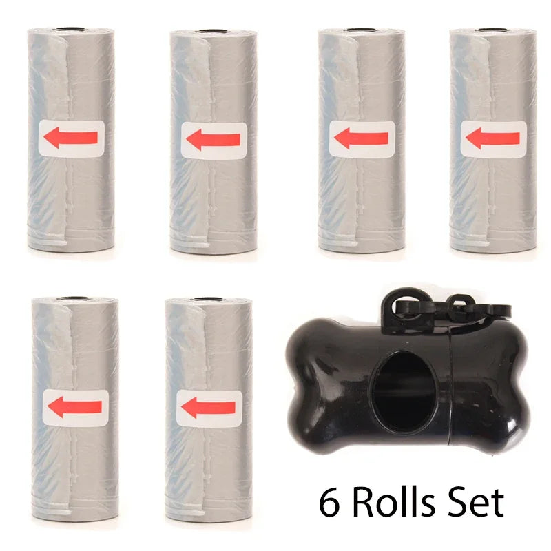 A set of six reusable pet poop bag dispensers with leash clips shown in various orientations.