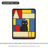 A geometric cat scratching post mat featuring a black cat silhouette on a colorful patterned background.