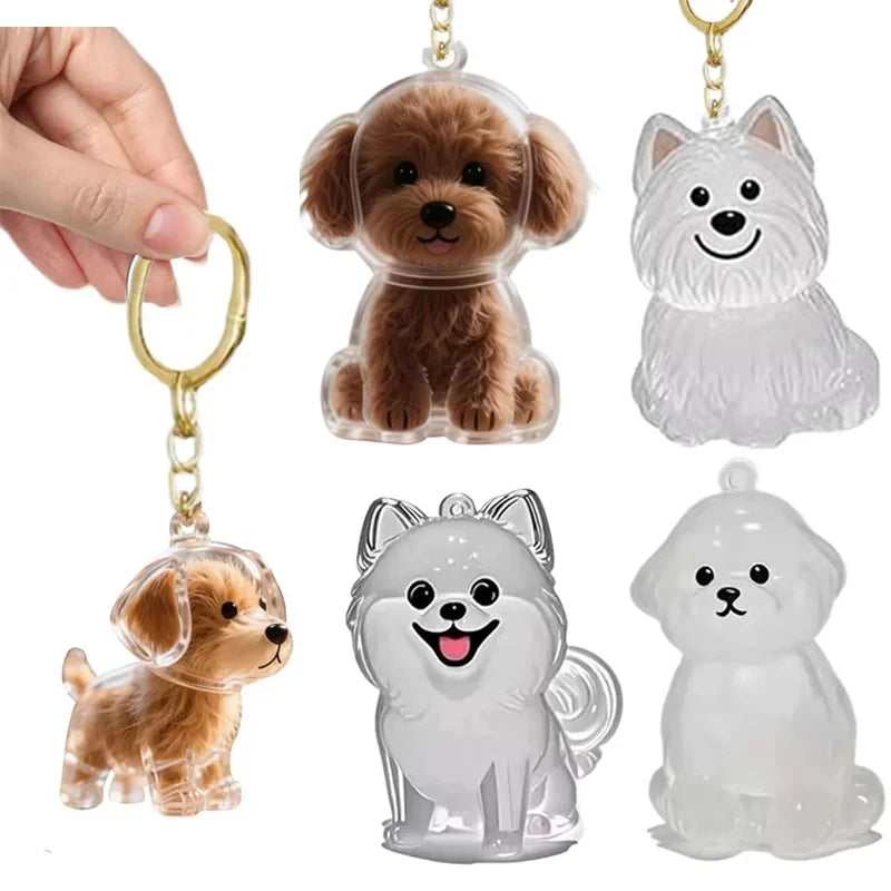 A set of pet hair storage keychains featuring various dog and cat figures made of clear resin.
