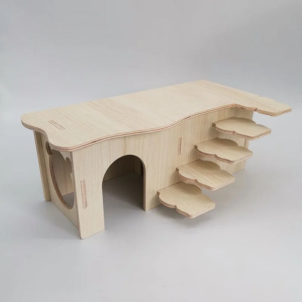 A light wood wooden multi-room maze playhouse designed for hamsters.