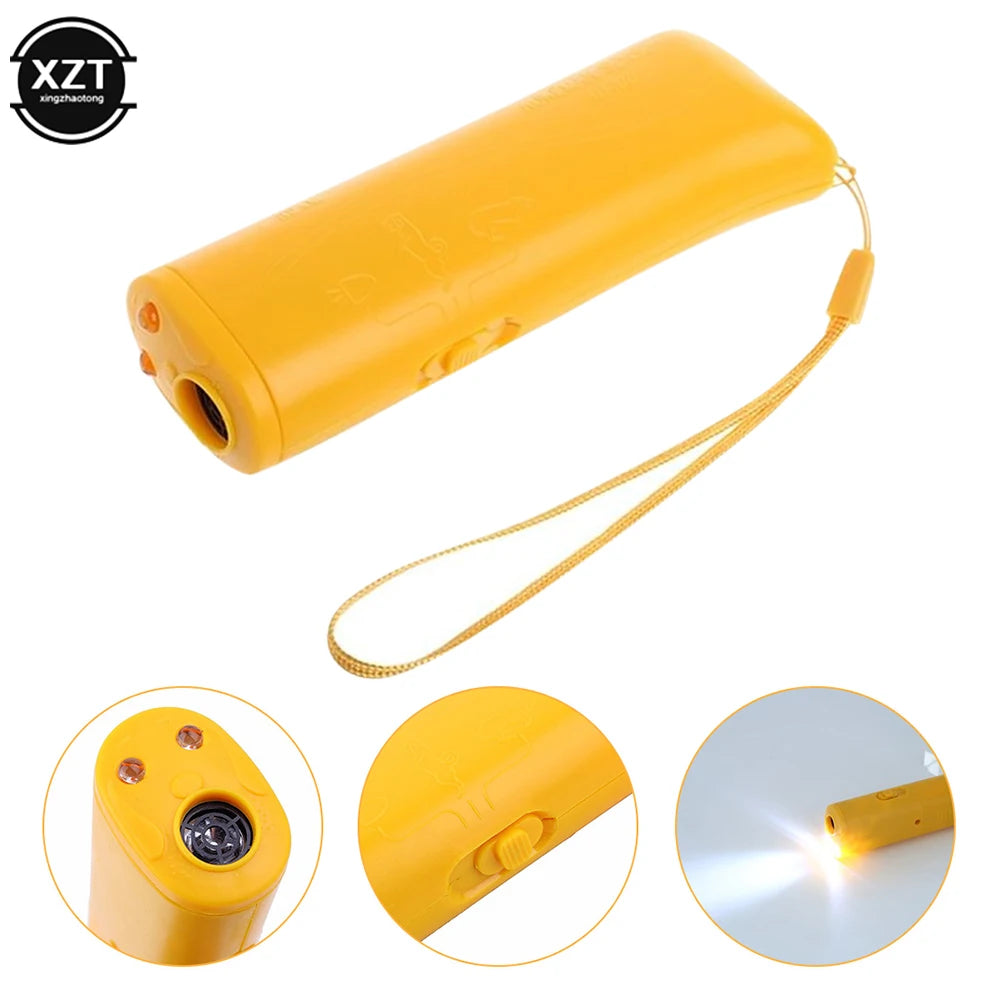 Yellow ultrasonic dog training device with an LED light and a flexible cord