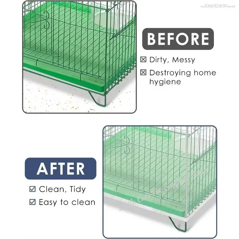 Before and after comparison of a breathable mesh bird cage cover showing a dirty state versus a clean, tidy state.