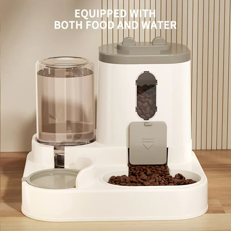 A white automatic 2-in-1 cat food and water dispenser is shown with food pellets and water visible.
