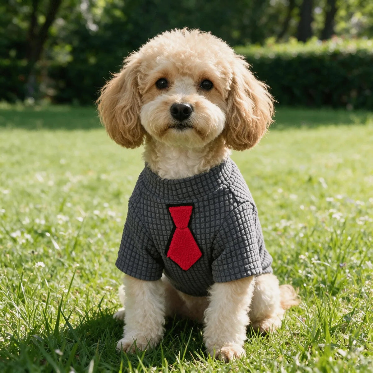 A light tan poodle wearing a gray waffle knit shirt with a red tie, sitting in green grass.