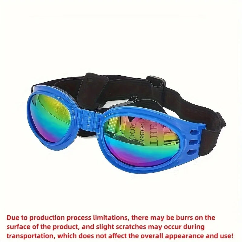 Blue collapsible dog sunglasses with black adjustable straps