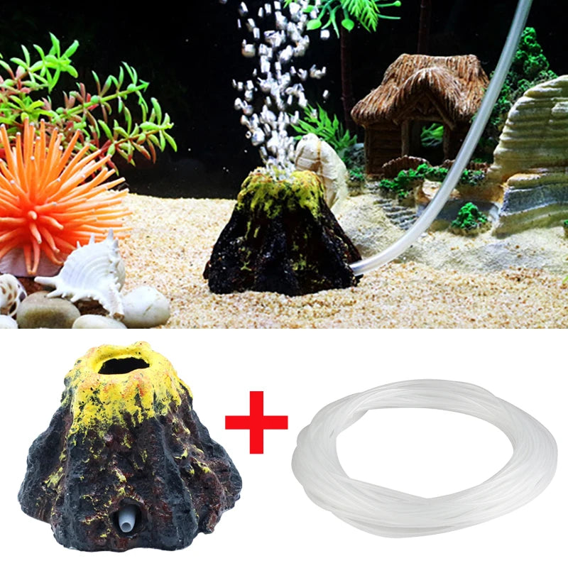 Simulated volcano aquarium decor featuring a rock, bubble stone, and an oxygenation tube.