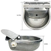 A stainless steel automatic floating water bowl for livestock, shown in side and top views.