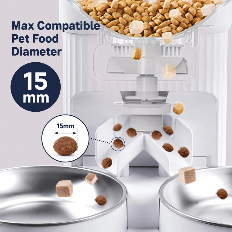 A white pet feeder with a feeding mechanism and dual stainless steel bowls is shown, highlighting the maximum compatible pet 