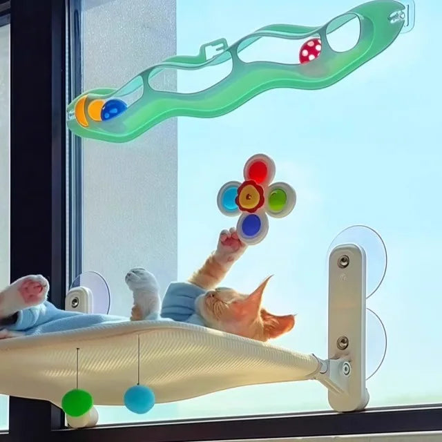 Un set de jouet pour bain de chat en plastique vert avec des balles colorées est exposé dans une vitrine.