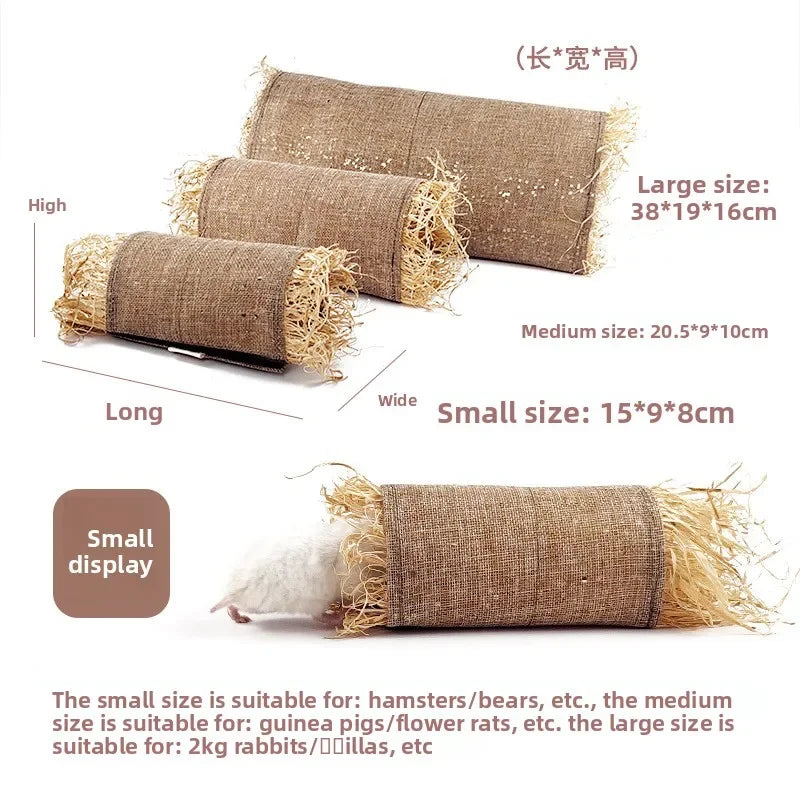 Natural grass tunnel hideouts in various sizes including small, medium, and large for hamsters, bears, rats, and rabbits