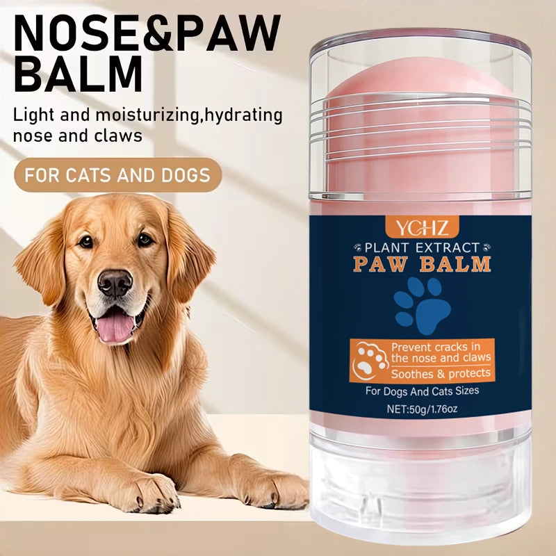 A glass jar of YCHZ Plant Extract Paw Balm with a pink lid next to a golden retriever dog.