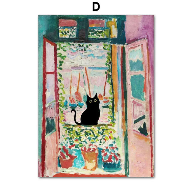 A painting featuring a black cat sitting in a window frame surrounded by lush green foliage and colorful flowers.