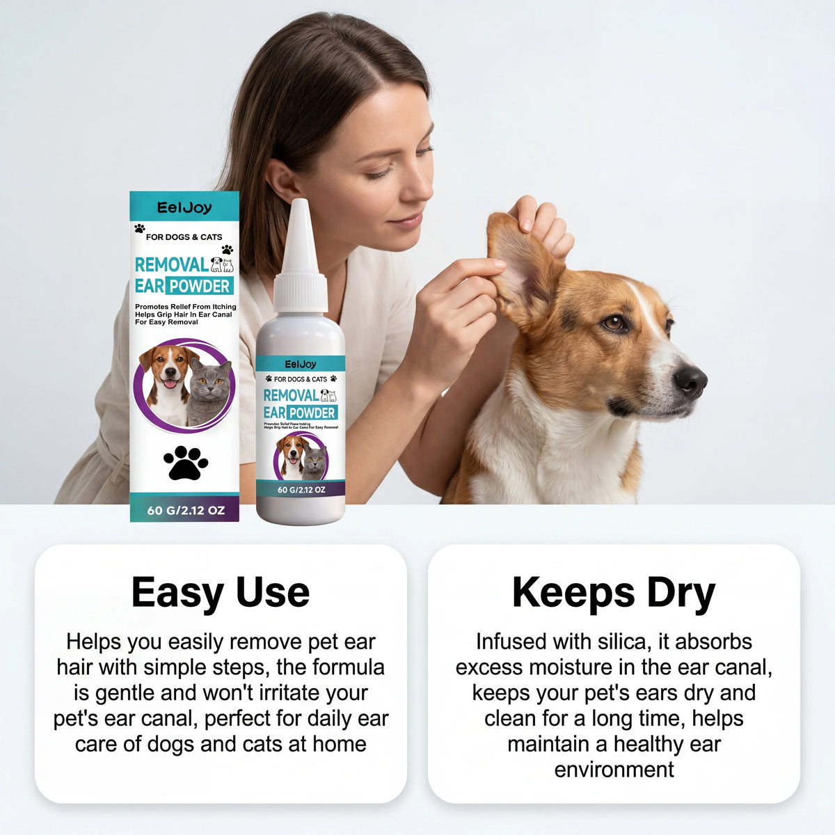 A woman is applying a powder product for pet ear removal to a dog's ear.