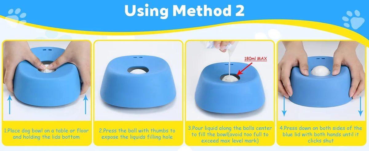 Demonstration of using Method 2 to fill a blue spill-resistant lick bowl with liquid treats.