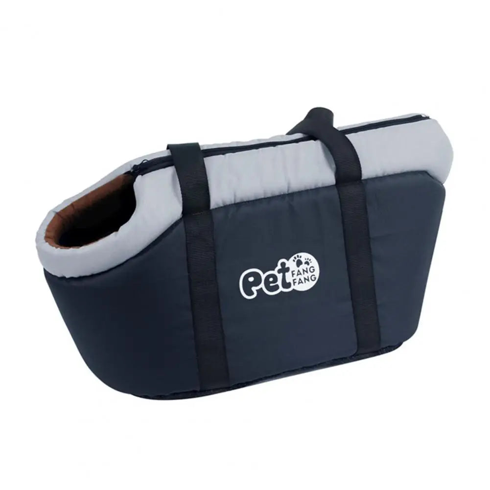 Transport pour animal de compagnie gris foncé à parois souples avec rembourrage gris clair et sangles noires.