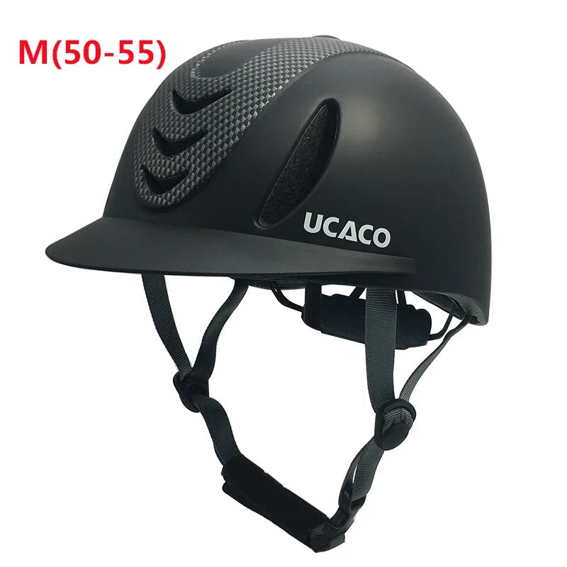 Black UCaco equestrian helmet with adjustable fit and chin strap