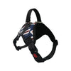 Black adjustable dog harness featuring blue and white patriotic stitching