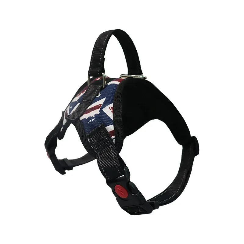 Black adjustable dog harness featuring blue and white patriotic stitching