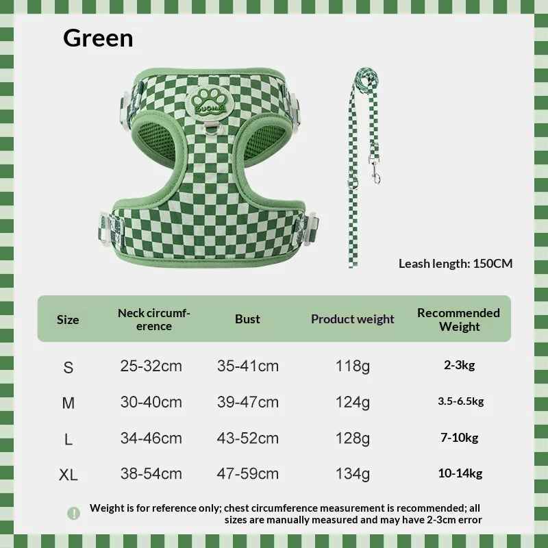 Checkered Nylon Dog Harness for Small Dogs with Leash