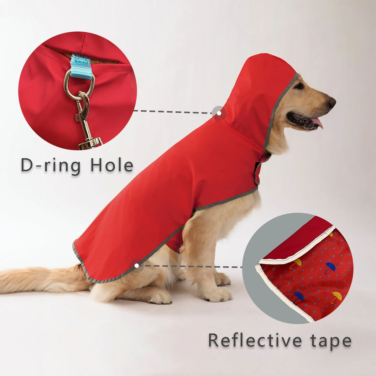 معطف مطر أحمر لكلب مع ثقب حلقة (D-ring) وشريط عاكس ظاهر على كلب.