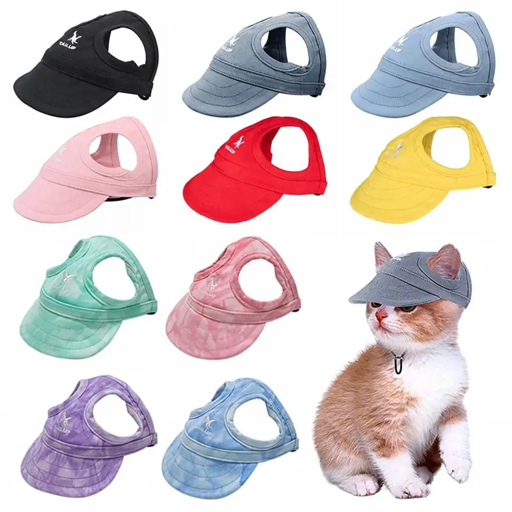 Eine Kollektion an verstellbaren Hundebälle-Hüten in verschiedenen Farben wie Schwarz, Grau, Pink, Rot, Gelb und Lila.