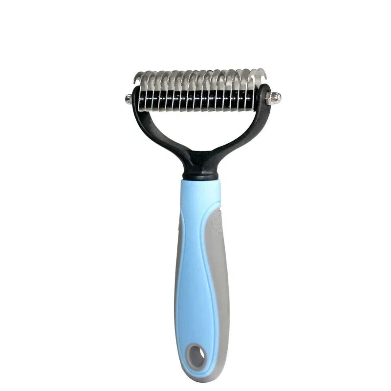 A light blue pet hair removal comb brush with a metal comb for dogs and cats.