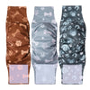 Three reusable adjustable belly bands for male dogs in brown, light blue, and dark gray patterns.