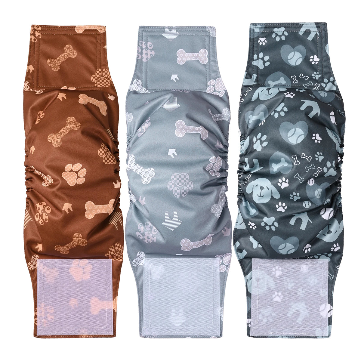 Three reusable adjustable belly bands for male dogs in brown, light blue, and dark gray patterns.