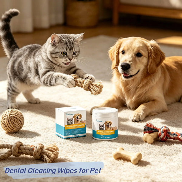 A tabby cat and a golden retriever are relaxing on a rug with pet dental cleaning wipes, a ball of twine, and a bone.