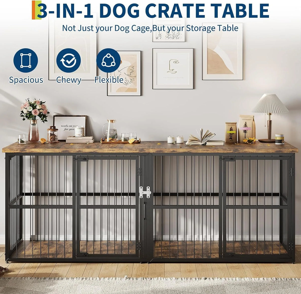 Extra Large Wooden Double Dog Crate with Divider and 3 Doors