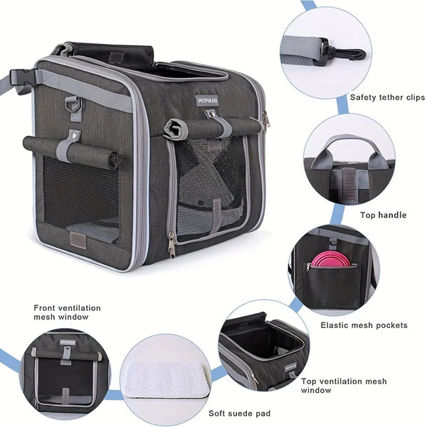A gray expandable pet bike basket and travel backpack showing various features like safety tether clips, handles, and mesh po