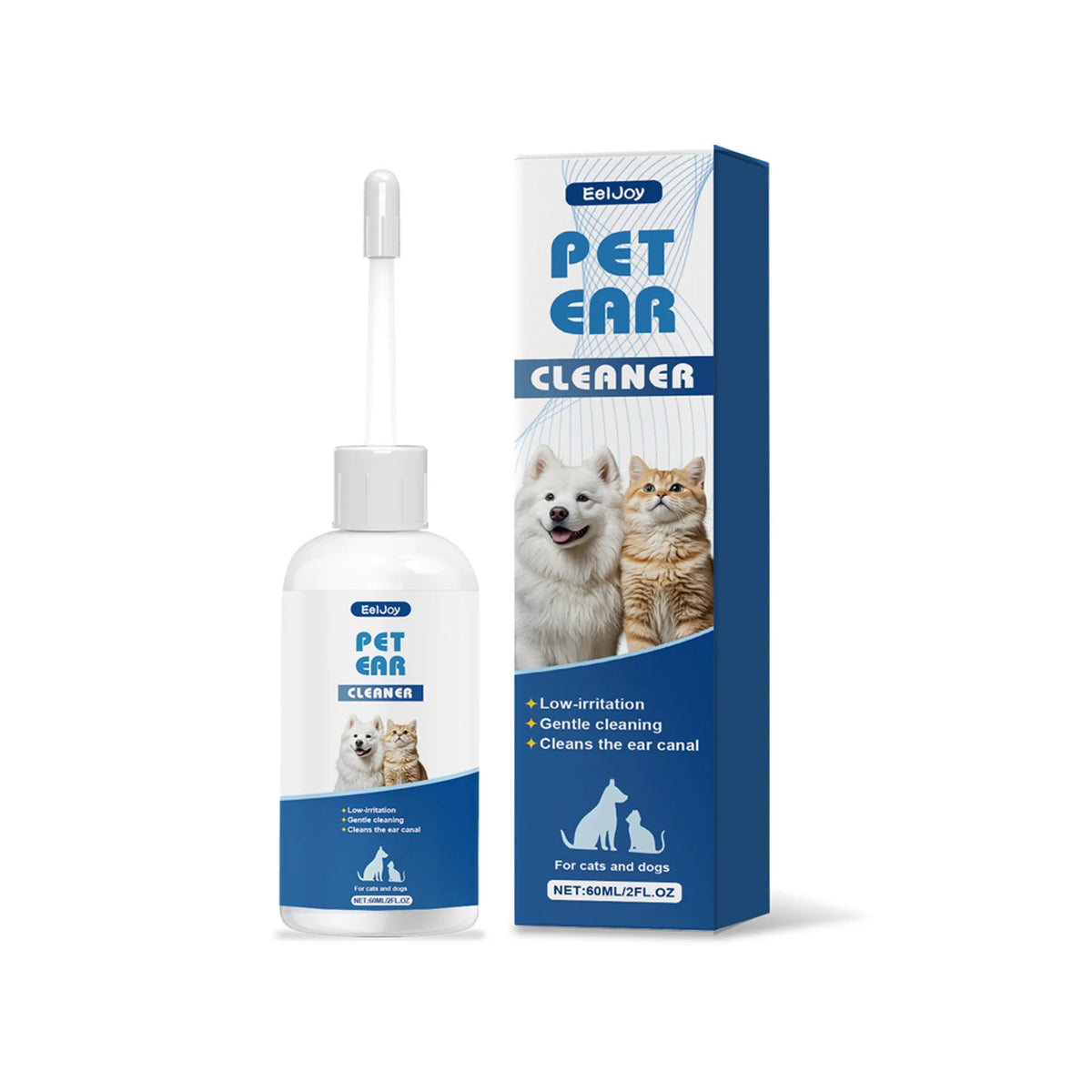 A bottle of Pet Ear Cleaner solution with a white pump dispenser and an accompanying box.