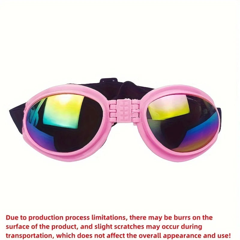 Pink collapsible dog sunglasses with black adjustable straps
