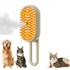 A beige pet grooming brush with an orange silicone head is shown next to a dog and a cat.