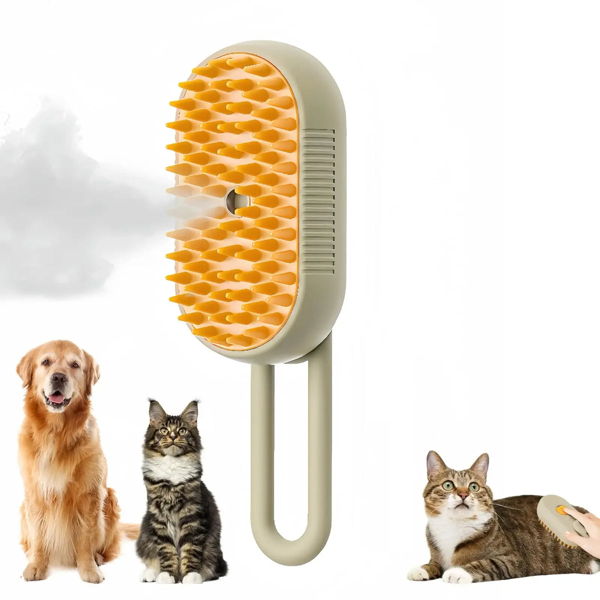A beige pet grooming brush with an orange silicone head is shown next to a dog and a cat.