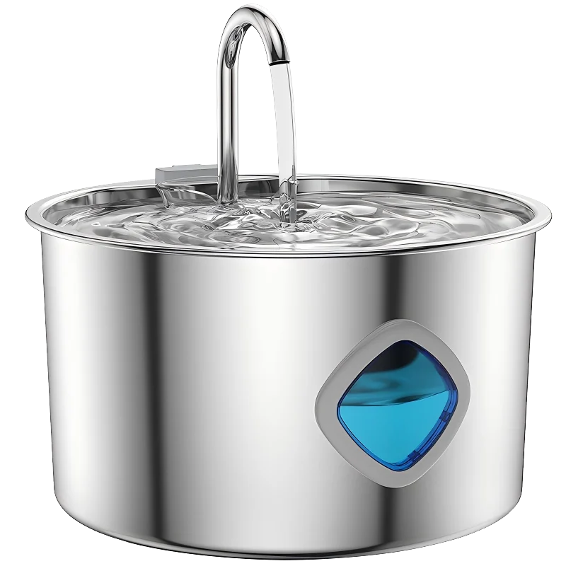 Stainless steel automatic cat water fountain with a silver spout and a blue filter insert