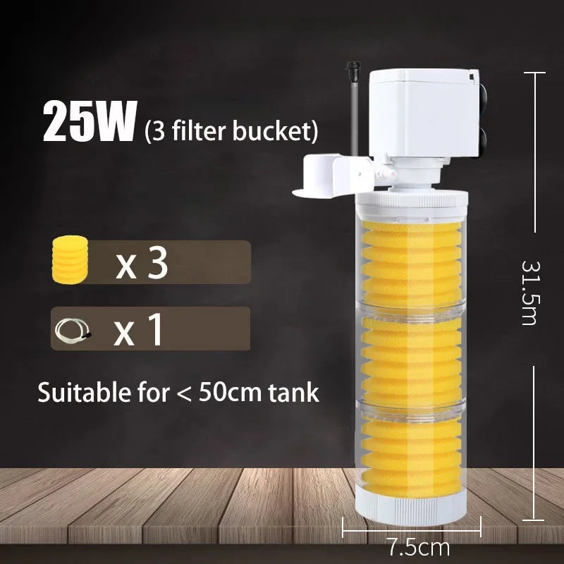 A white submersible aquarium filter with three yellow filter buckets is shown on a wooden surface.