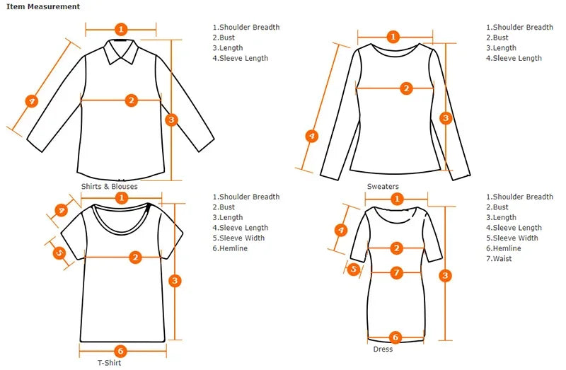 Diagrammes montrant diverses mesures pour chemises, blouses, t-shirts, pulls et robes.