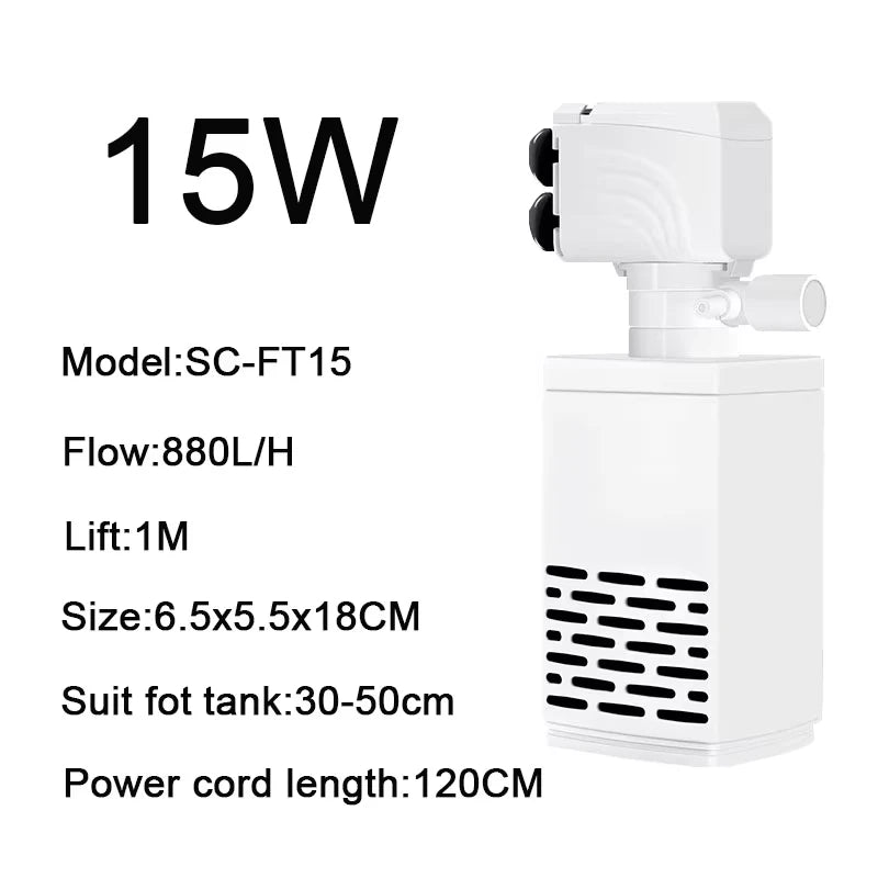 White submersible aquarium filter pump with 15W power, model SC-FT15, and a 120cm power cord.