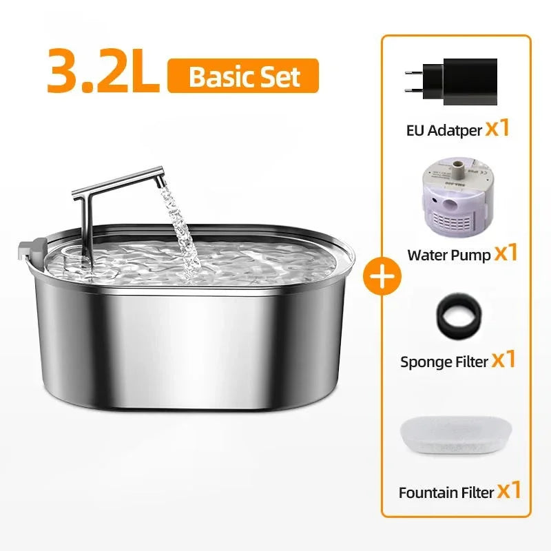 Edelstahl-automatische Hundewasserfontäne mit sichtbarem Wasserstrahl und Zubehör wie EU-Adapter