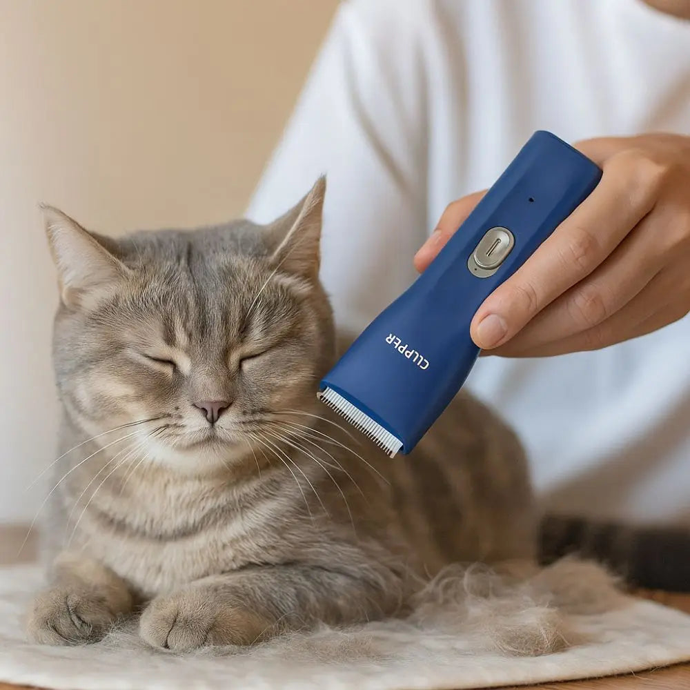 Una mano está usando un cortador de pelo portátil azul para mascotas en un gato atigrado.