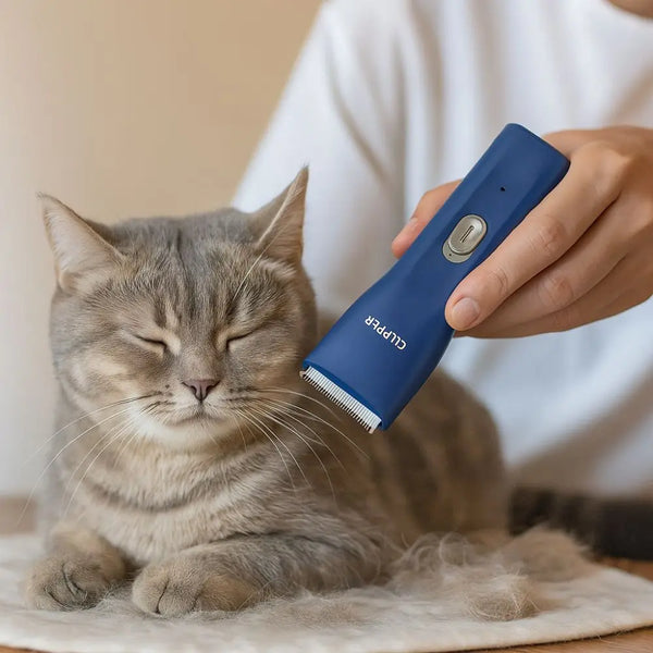 A hand is using a blue portable pet hair clipper on a tabby cat.