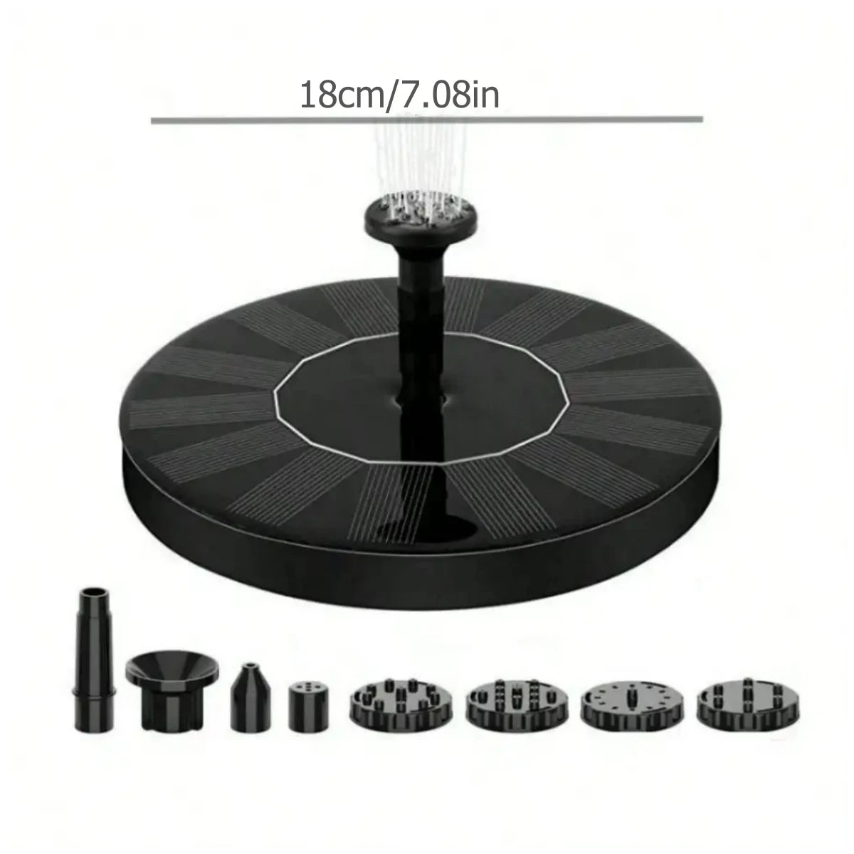 Black solar-powered floating fountain pump for bird baths and ponds with various nozzle attachments