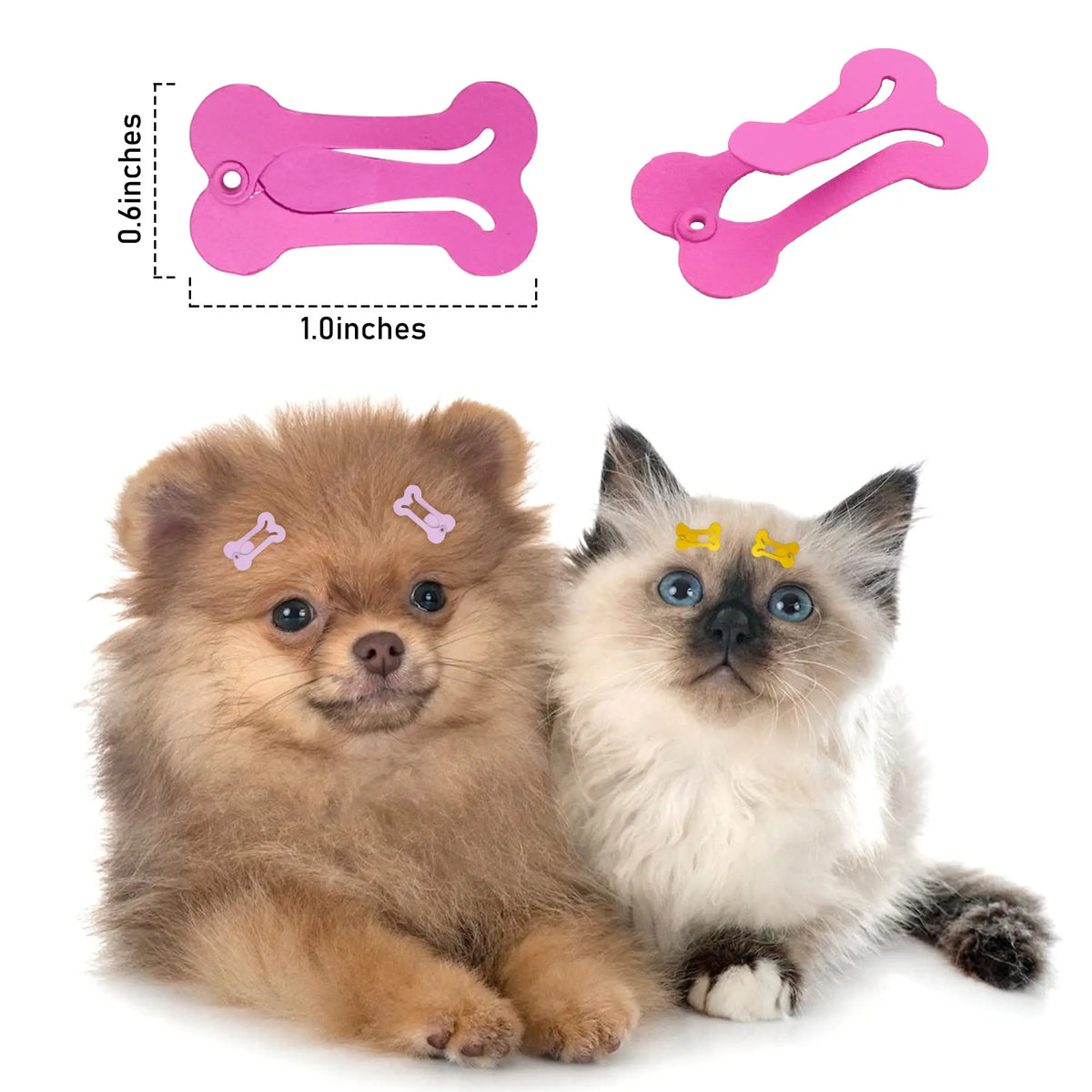 Two fluffy kittens are shown next to pink and yellow hair clips for pet grooming.