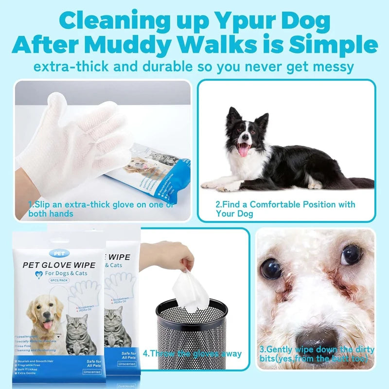 A set of pet glove wipes for cleaning up muddy dog paws and messes.