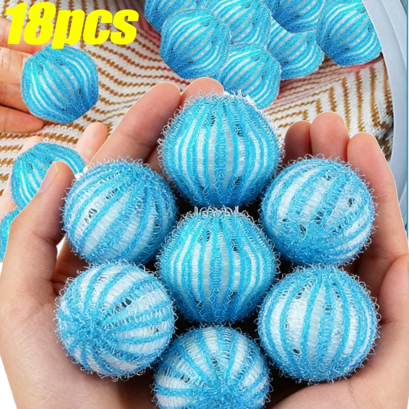 A hand holds a collection of 18 reusable blue and white lint filter balls for laundry.