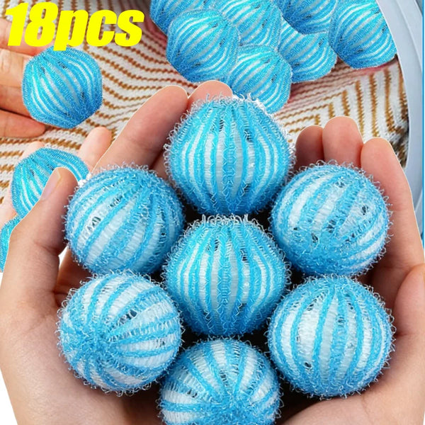 A hand holds a collection of 18 reusable blue and white lint filter balls for laundry.