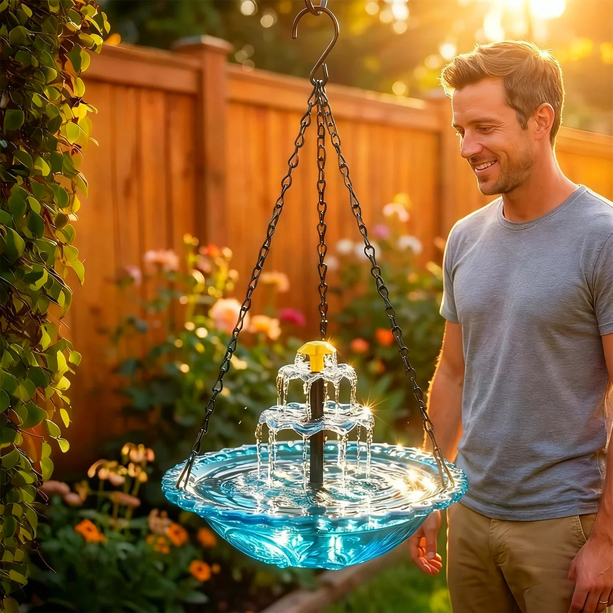 Solar Hanging Bird Bath Fountain with Glass Bowl