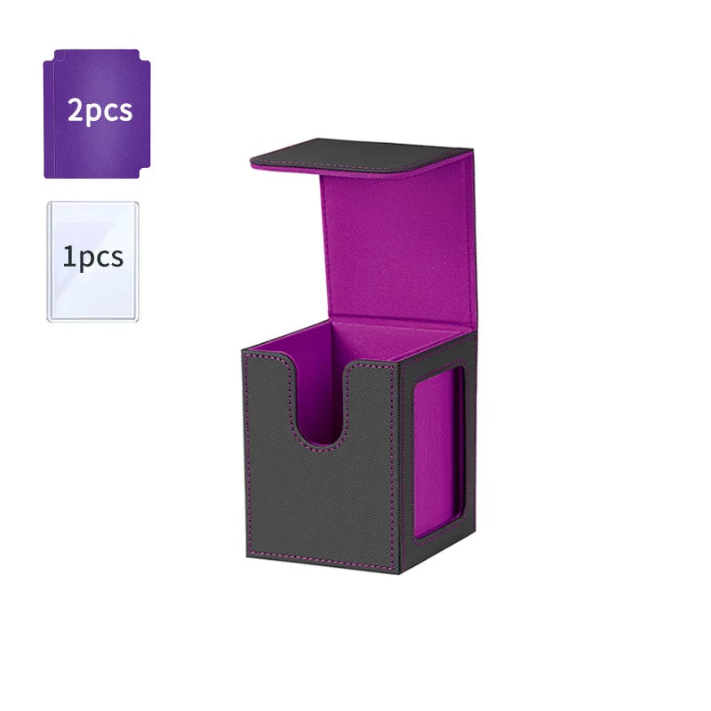 A purple and gray PU leather magnetic card deck box with a display window shown next to two individual pieces.