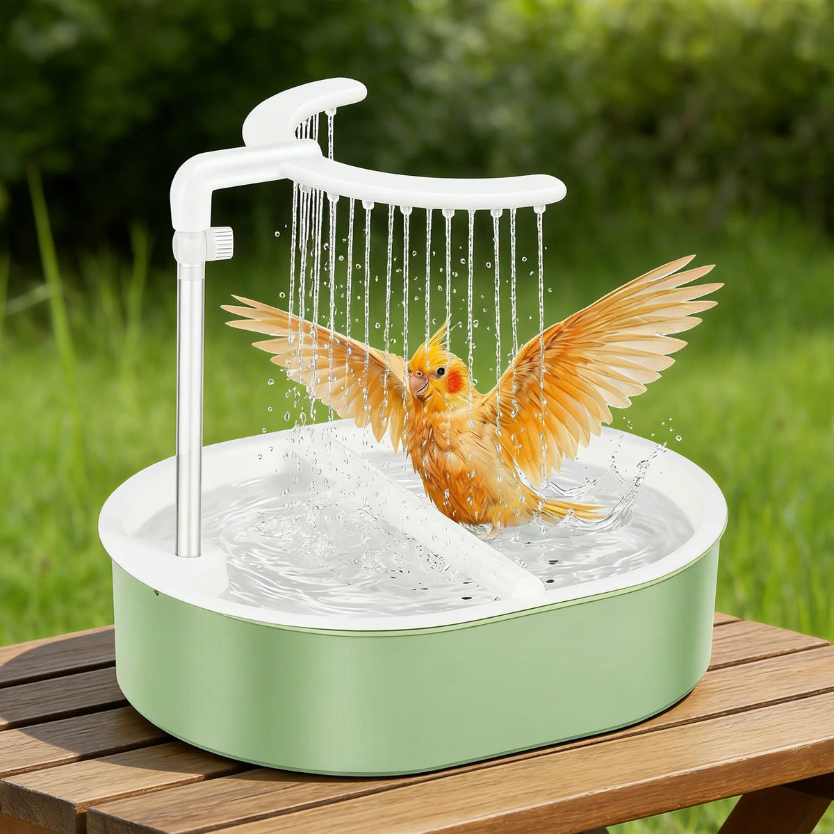 A white USB electric bird bath with a water pump is shown pouring water over a bird in an outdoor setting.